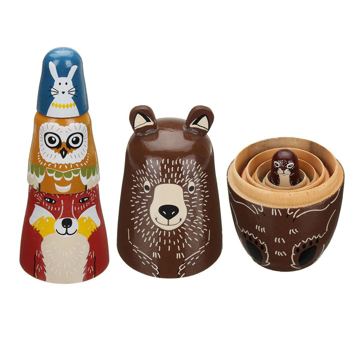 5 Nesting Dolls Wooden Aniimal Bear Russian Doll Matryoshka Toy Decor Kid Gift - MRSLM
