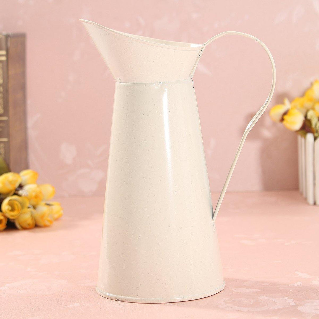 White Vintage Shabby Chic Cream Vase Enamel Pitcher Jug Pot Tall Metal Wedding Decor - MRSLM