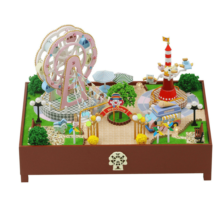 Hongda S2131Z Ferris Wheel Amusement Park DIY 3D Hand-Assembled Doll House Miniature Furniture Kit with LED Lights Music Rotating Puzzle Toy for Gift Collection House Decoration - MRSLM