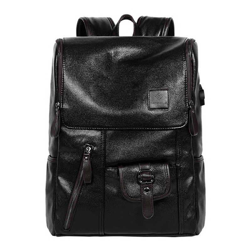 Men PU Leather Solid Vintage Large Capacity Backpack USB Charging Shoulder Bag - MRSLM
