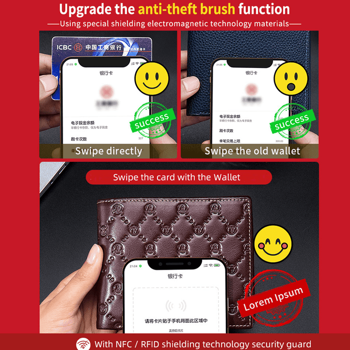 Men Bifold Wallets Genuine Leather RFID Anti-Theft Brush Multi-Card Slot Card Holder Money Clip Cowhide Wallets - MRSLM