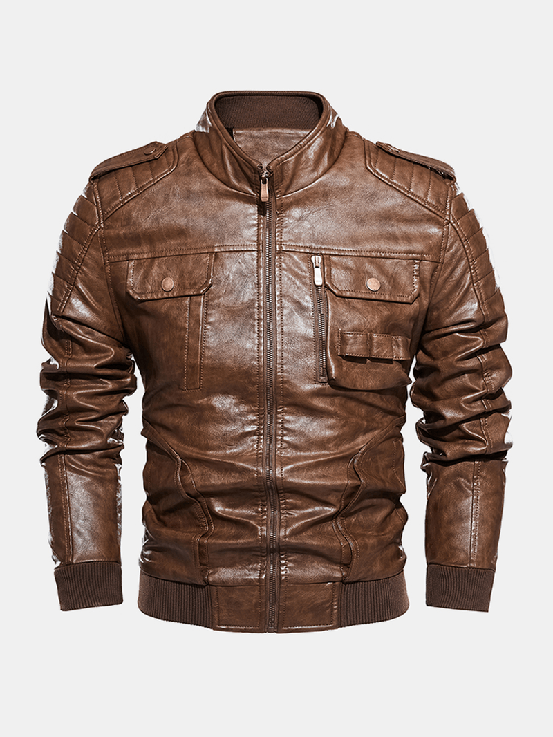Mens Zipper Multi-Pocket Stand Collar PU Leather Motorcycle Jackets - MRSLM