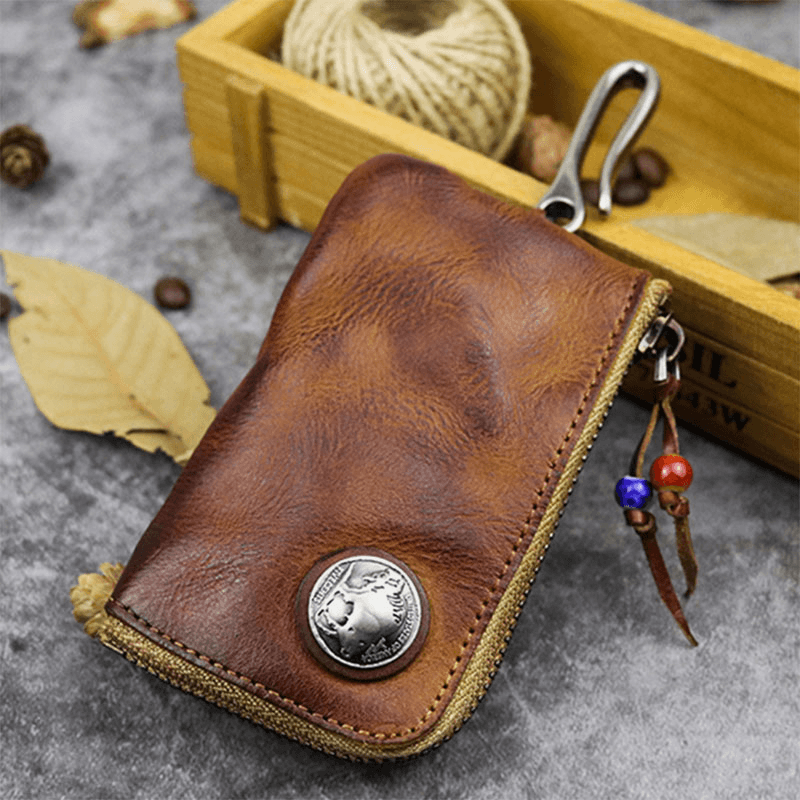 Men Vegetable Tanned Leather Metal Label Keychain Wallet Washed Retro Zipper Card Holder with Hook - MRSLM