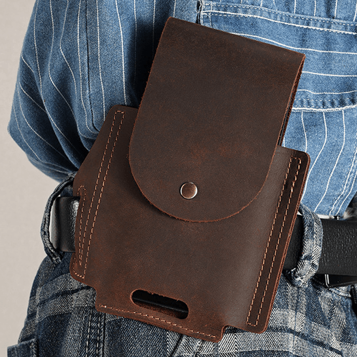 Men Genuine Leather Wear-Resistant Outdoor Sport 6.5 Inch Phone Bag Retro Cover Hasp Waist Bag Belt Bag - MRSLM