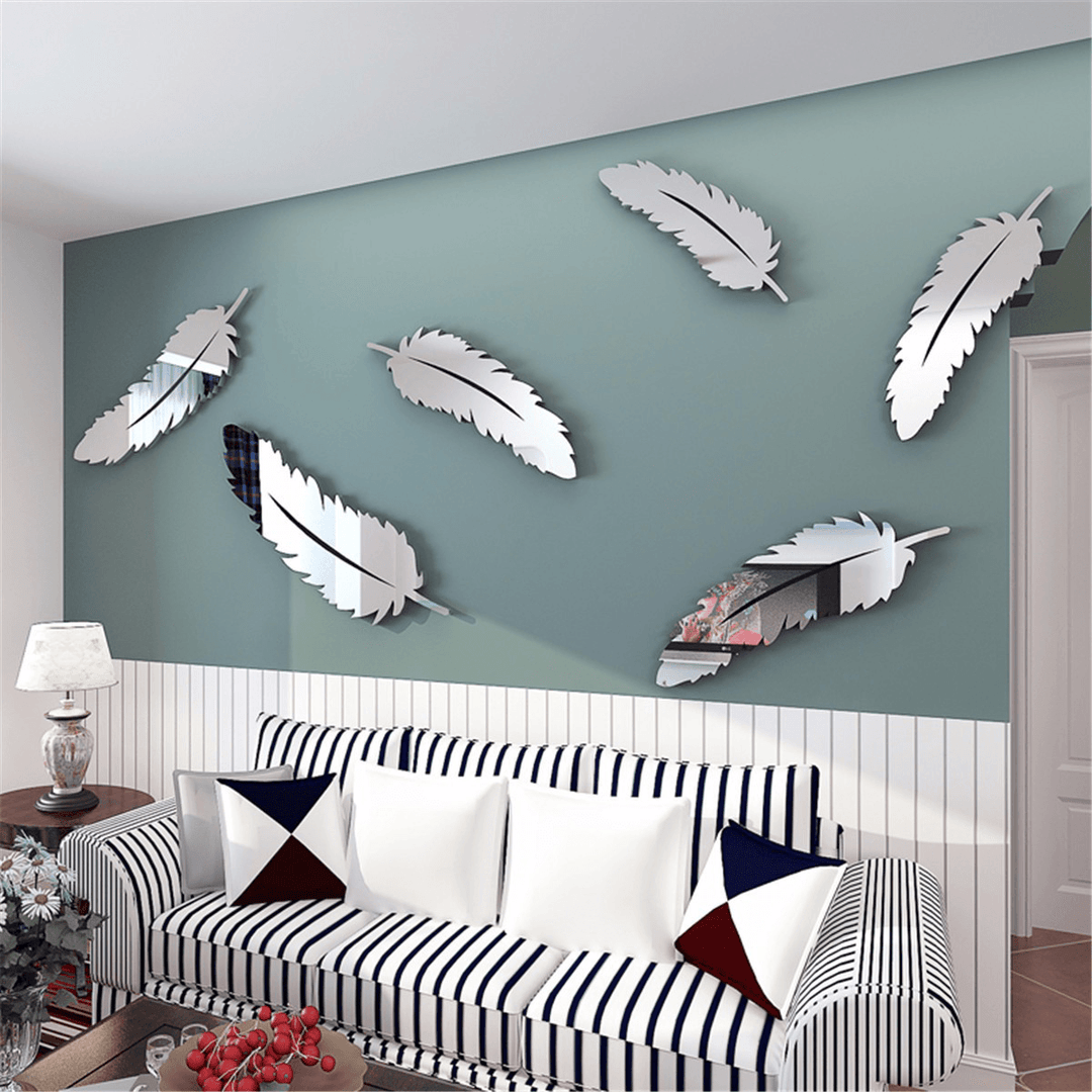 Silver Feather DIY 3D Mirror Wall Sticker Mural for Home and Bedroom Decoration - MRSLM