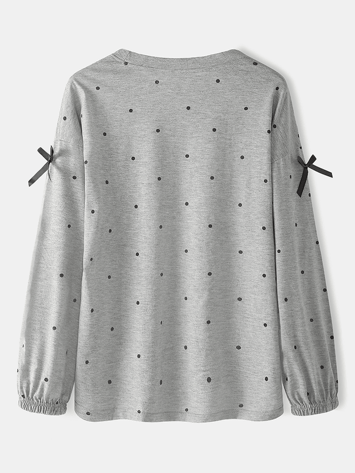 Women Doll Bear Pattern Polka Dot Print Long Sleeve Sweatshirts Elastic Waist Pants Home Pajama Set - MRSLM