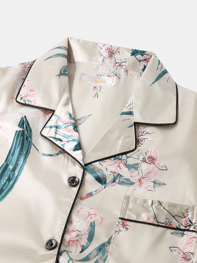 Plus Size Women Plant Print Revere Collar Faux Silk Short Sleeve Loose Pajama Sets - MRSLM