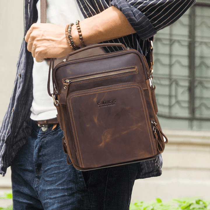 Men Genuine Leather Multifunction Multi-Pocket Vintage Briefcases Messenger Bag Crossbody Bag Handbag - MRSLM