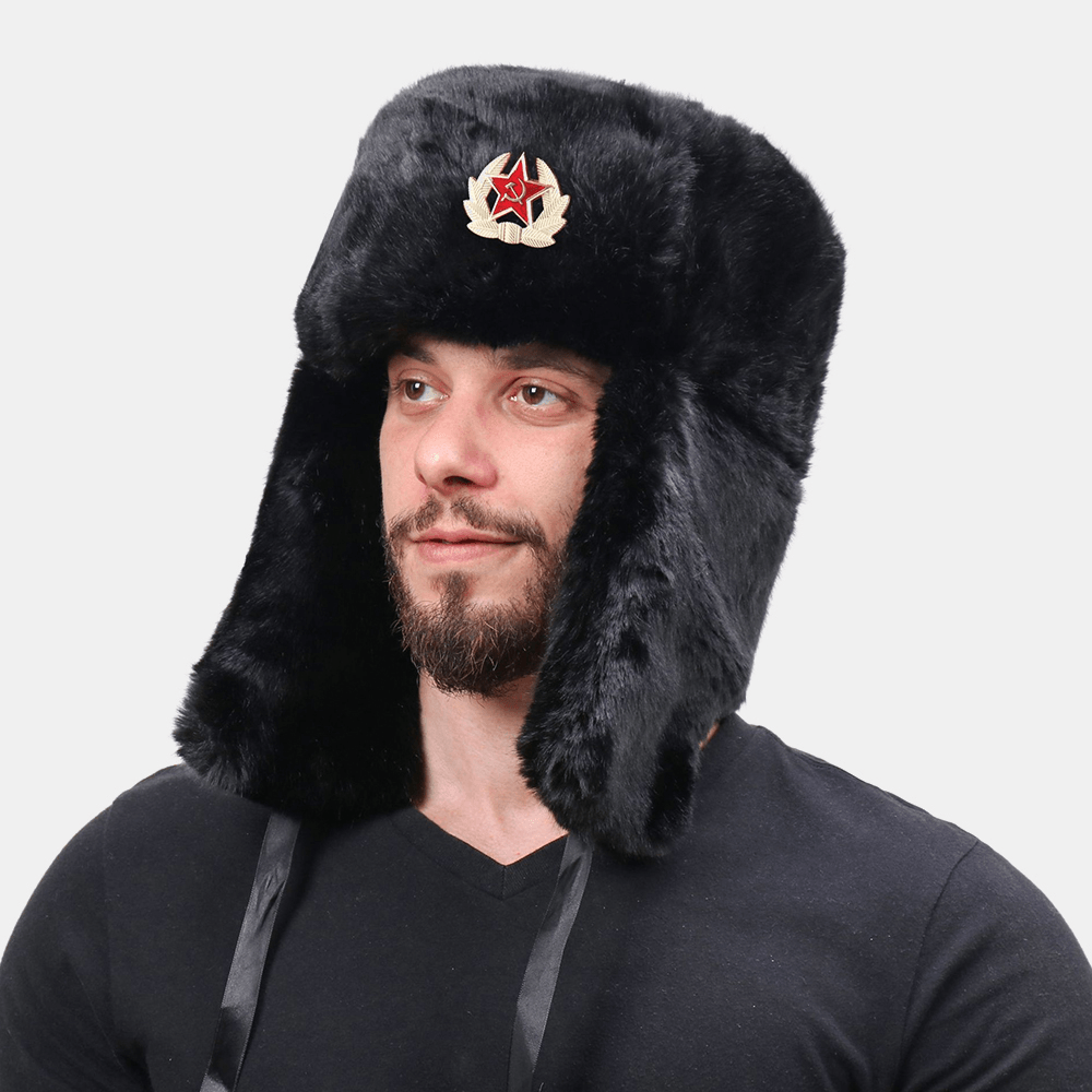 Unisex plus Velvet Soviet Badge Warm Windproof Ear Flaps Protection Outdoor Trapper Hat Ushanka Hat - MRSLM