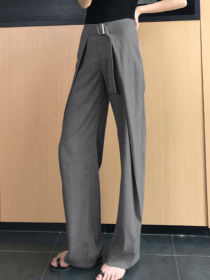Women Solid Business Zipper Fly High Waist Wide Leg Pants with Buckle - MRSLM