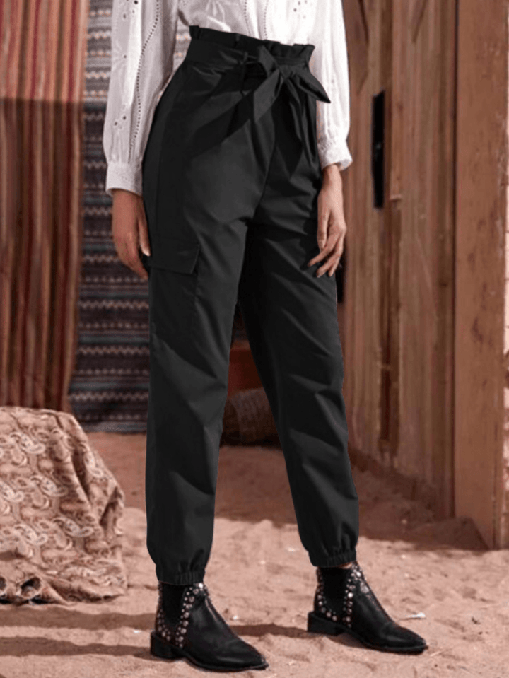 Women Solid Color Pleated Waist Lace-Up Cargo Harem Pants with Pockets - MRSLM