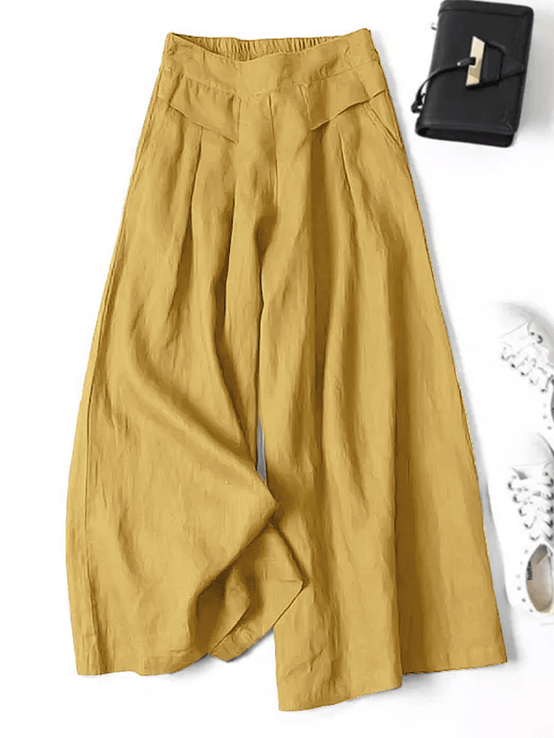 Women 100% Cotton Wide Leg Side Pockets Solid Color Ankle Length Elastic Waist Pants - MRSLM