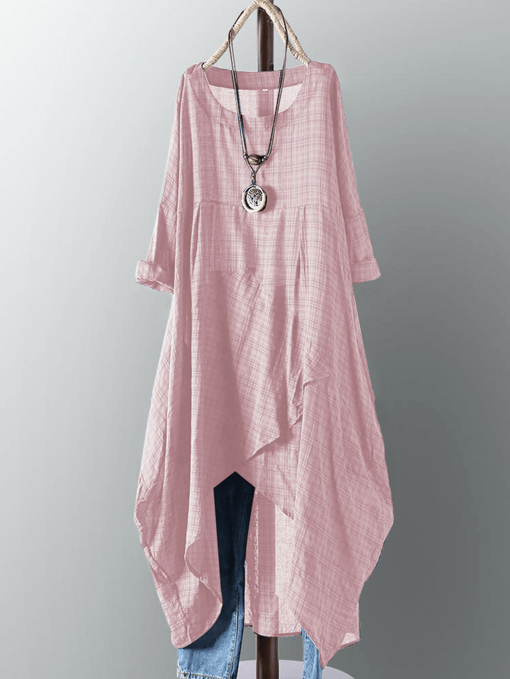 Vintage Women Cotton Pocket Plaid Irregular Hem Maxi Dress - MRSLM