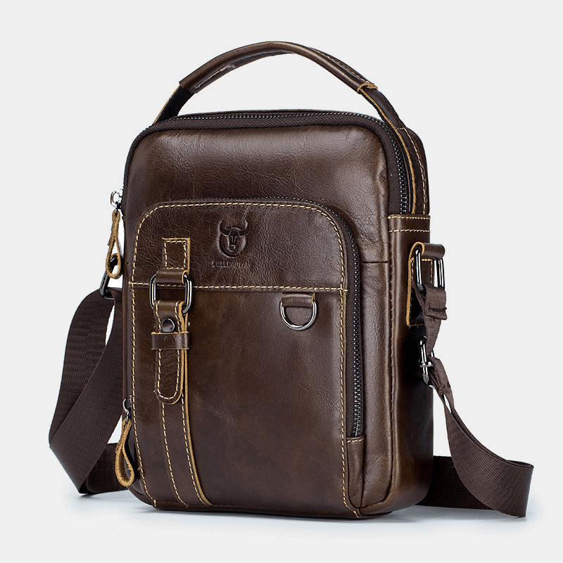 BULLCAPTIAN Men Genuine Leather Multi-Pocket Crossbody Bag Vintage Keychain Design Shoulder Bag - MRSLM