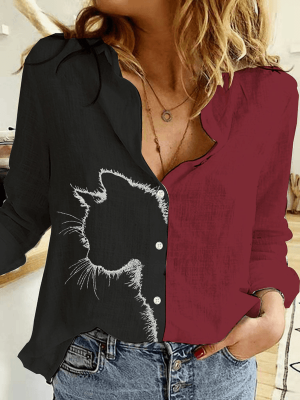 Women Cat Printed Patchwork Contrast Color Long Sleeve Casual Blouse - MRSLM