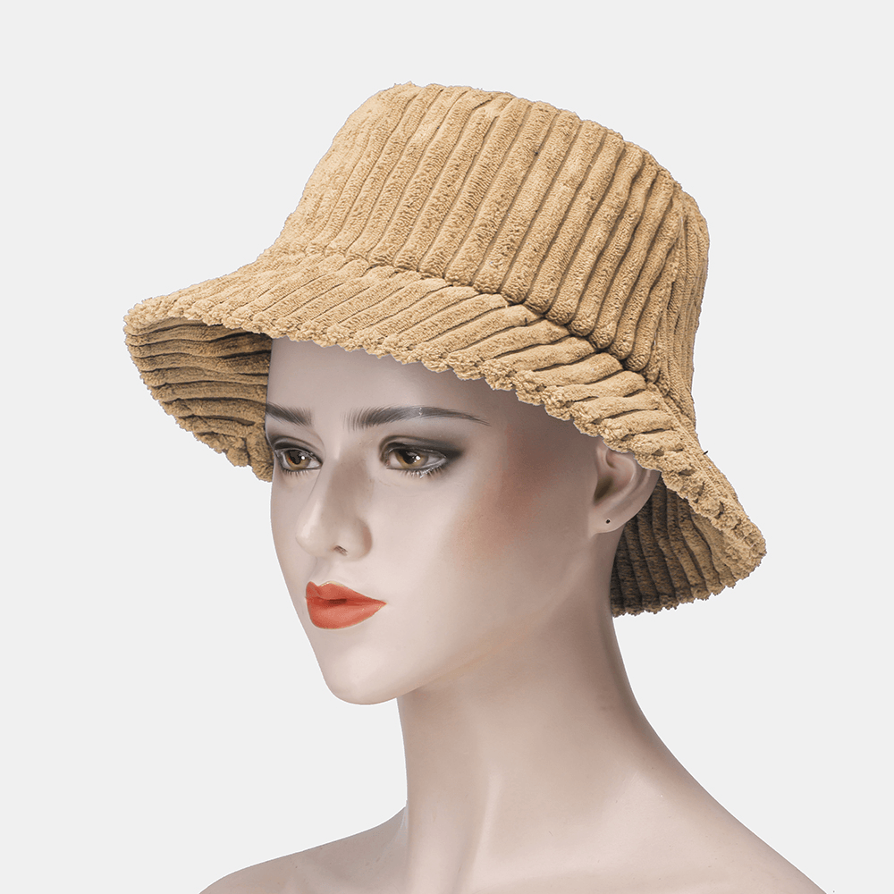 Unisex Corduroy Stripes Pattern Solid Color Warm Ear Protection Couple Hat Bucket Hat - MRSLM