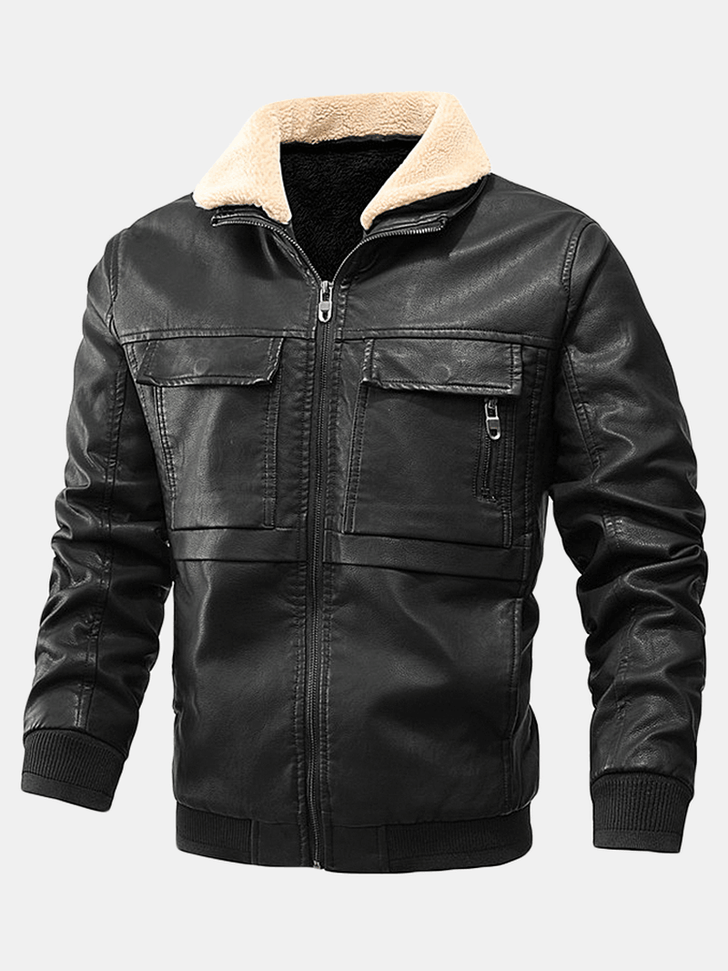 Mens PU Leather Thicken Zip Front Lapel Collar Jackets with Flap Pockets - MRSLM