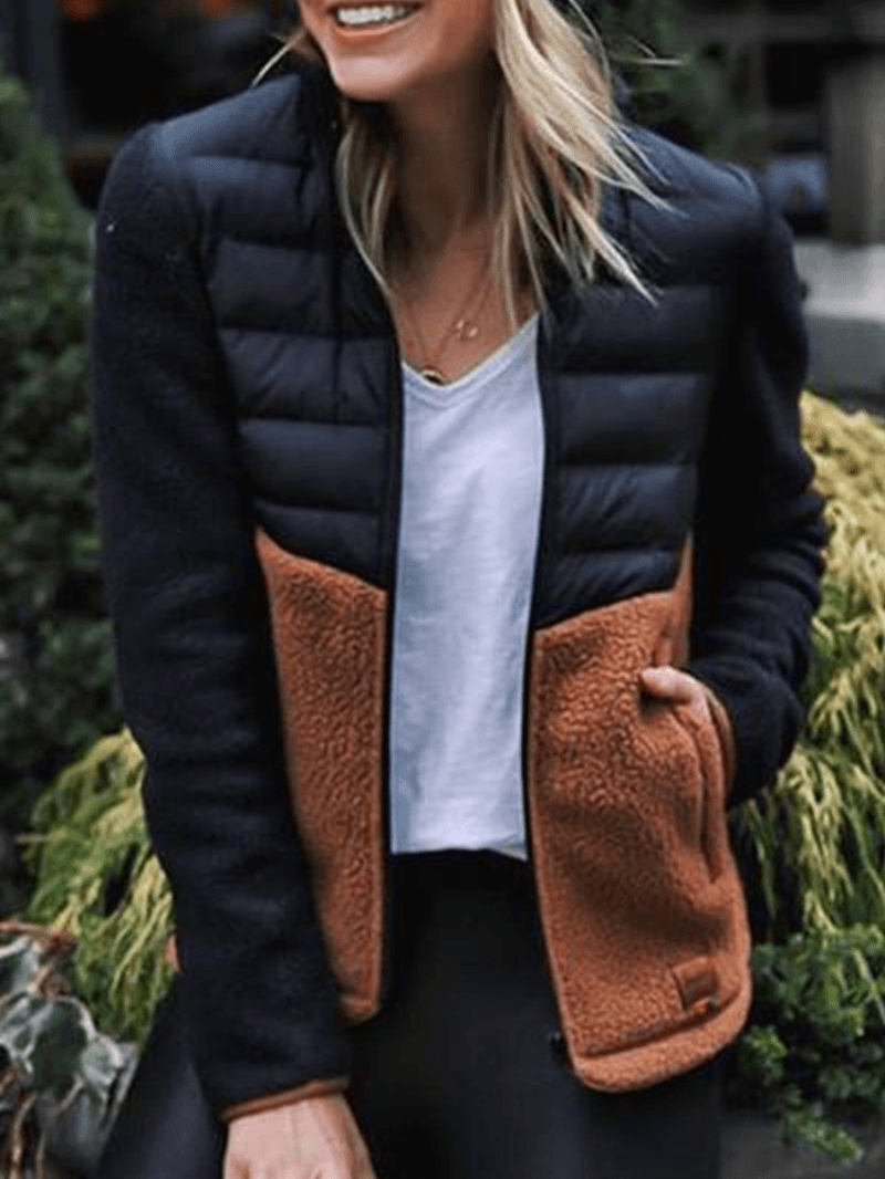 Women Fleece Patchwork Stand Collar Thick Casual Warm Coats - MRSLM