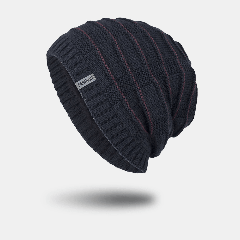 Unisex Acrylic Geometry Plaid Pattern Elastic Knitted Hat Outdoor plus Velvet Warm Adjustable Beanie Hat - MRSLM