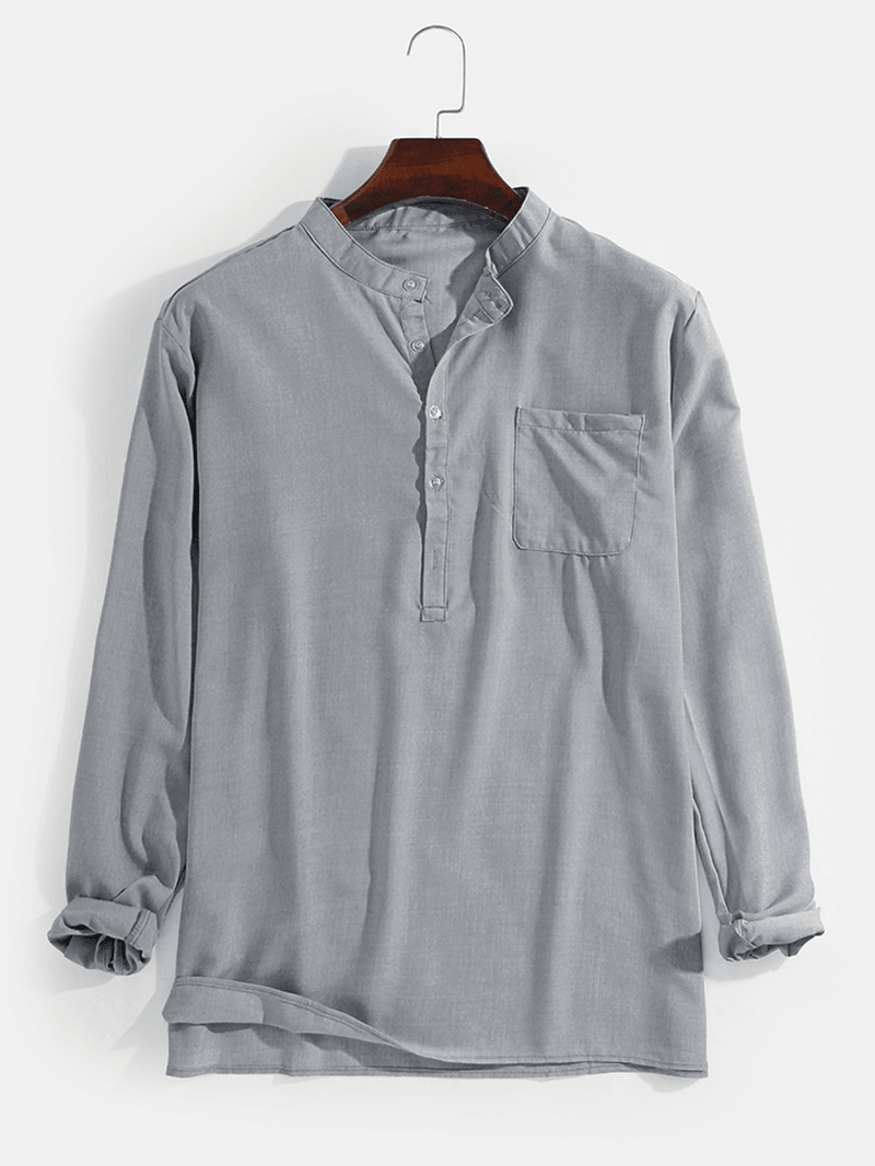 Mens Linen Solid Color Simple 7 Color Casual Long Sleeve Henley Shirts with Pocket - MRSLM