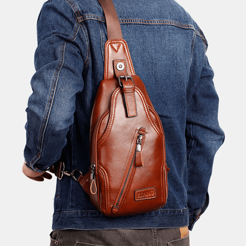 Men First Layer Cowhide Large Capacity Back Anti-Theft Zipper Pocket Chest Bag Crossbody Shoulder Bag - MRSLM