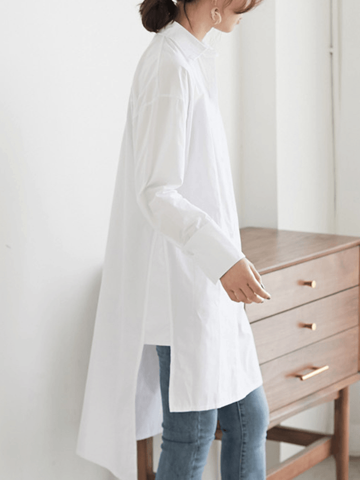 Solid Color Asymmetrical Hem Button Long Sleeve Casual Shirt for Women - MRSLM