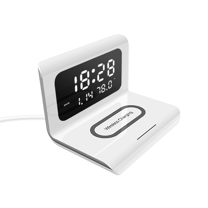 Electric LED 12/24H Alarm Clock with Phone QI 10W Wireless Charger Table Digital Thermometer LED Display Desktop Clock Perpetual Calendar - MRSLM
