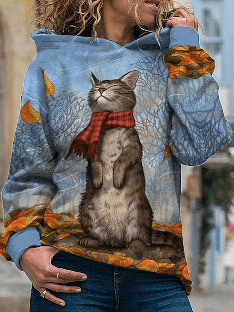 Women Cartoon Cat Painting Print Long Sleeve Pullover Hoodie - MRSLM