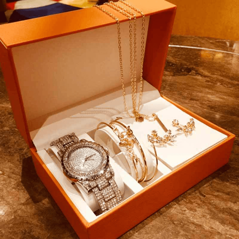 4Pcs Luxury Women Watch Set Inlaid Diamond Rhinestone Quartz Watch Leaf Bracelet Set Necklace Earrings Necklace Jewelry Kit - MRSLM
