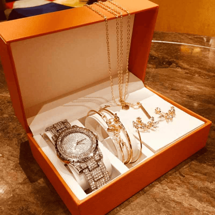 4Pcs Luxury Women Watch Set Inlaid Diamond Rhinestone Quartz Watch Leaf Bracelet Set Necklace Earrings Necklace Jewelry Kit - MRSLM