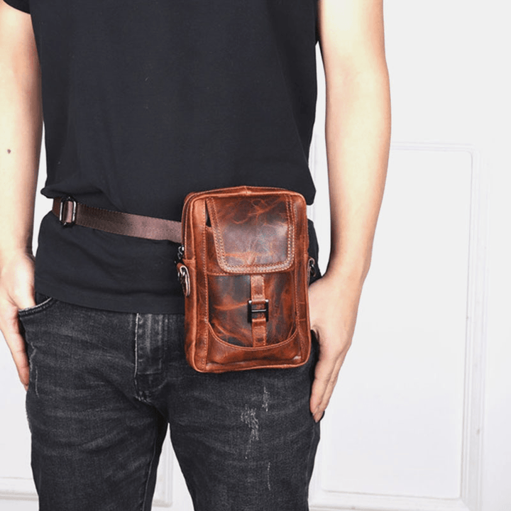 Men Genuine Leather Multi-Carry Retro 6.5 Inch Phone Bag Waist Bag Crossbody Bag Sling Bag - MRSLM