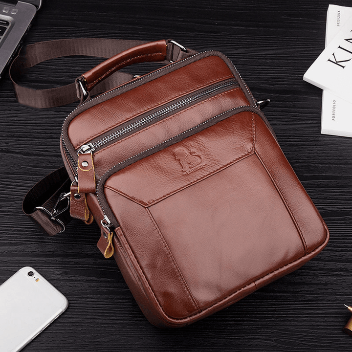 Men Genuine Leather Multi-Pocket Multifunction Crossbody Bag Handbag Sling Bag - MRSLM
