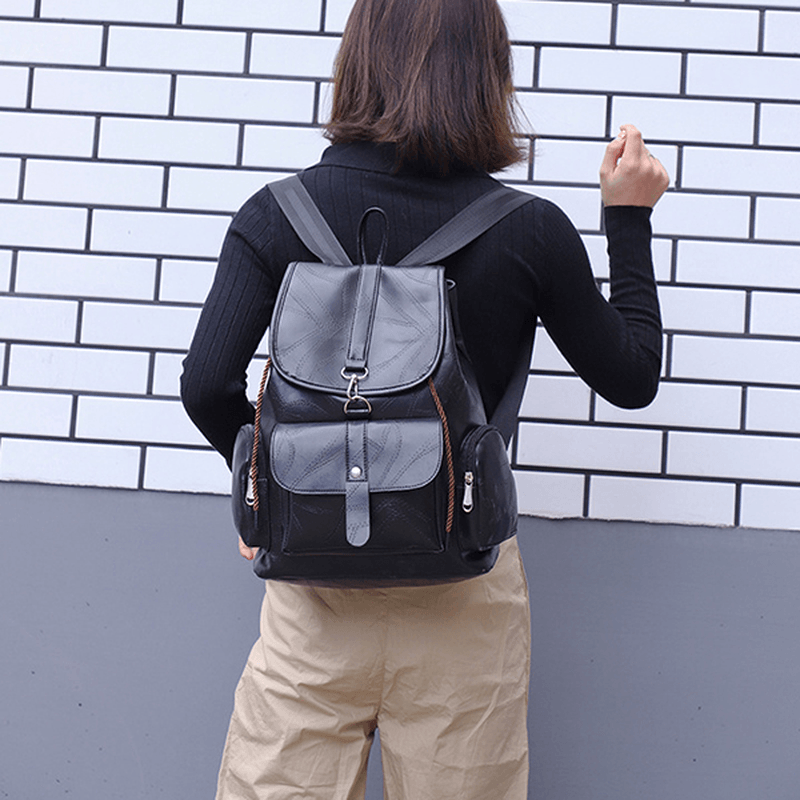 Women Solid Faux Leather Casual Backpack Travel Shoulder Bag - MRSLM