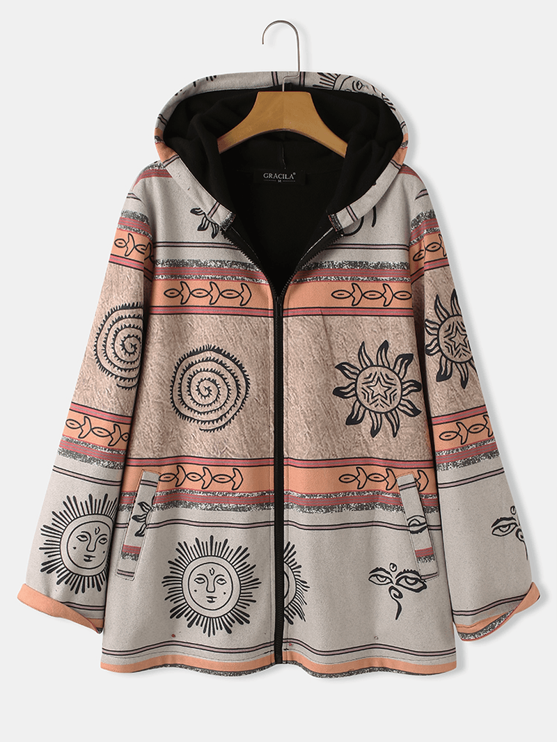 Women Celestial Print Zip up Ethnic Style Hooded Coats with Pocket - MRSLM