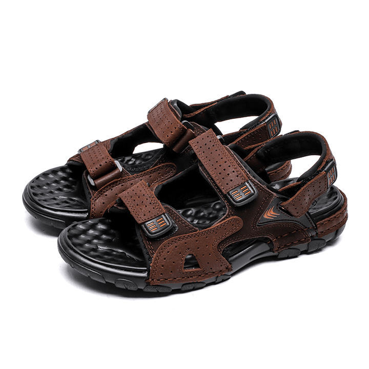 Men Summer Outdoor Comfy Cowhide Leather Non Slip Hook Loop Beach Sandals - MRSLM