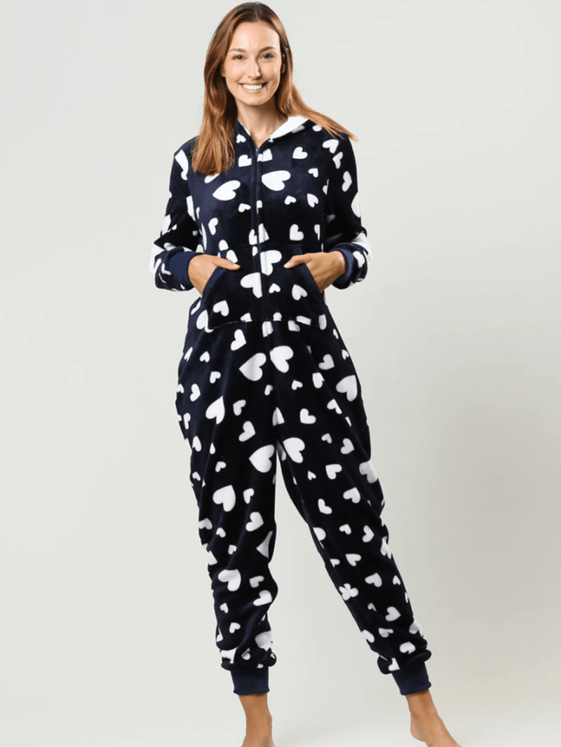 Flannel Heart Printed Front Zip Hoodie Onsie with Pocket Pajama Set - MRSLM