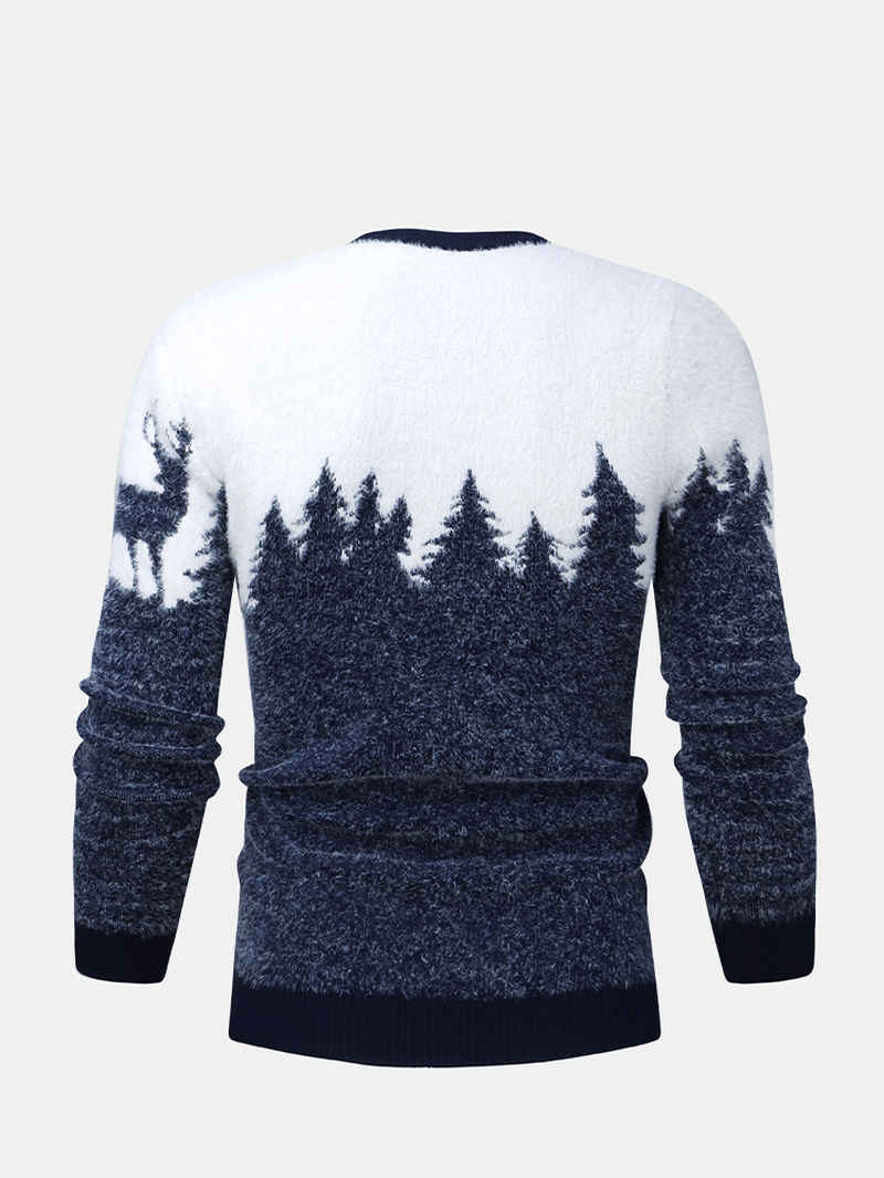 Mens Christmas Tree & Deer Knitted Graphics Long Sleeve Casual Sweaters - MRSLM