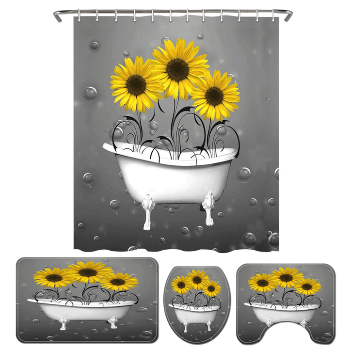 Sunflower Shower Curtain Non-Slip with Free Hooks Waterproof Fabric Bathroom Set - MRSLM