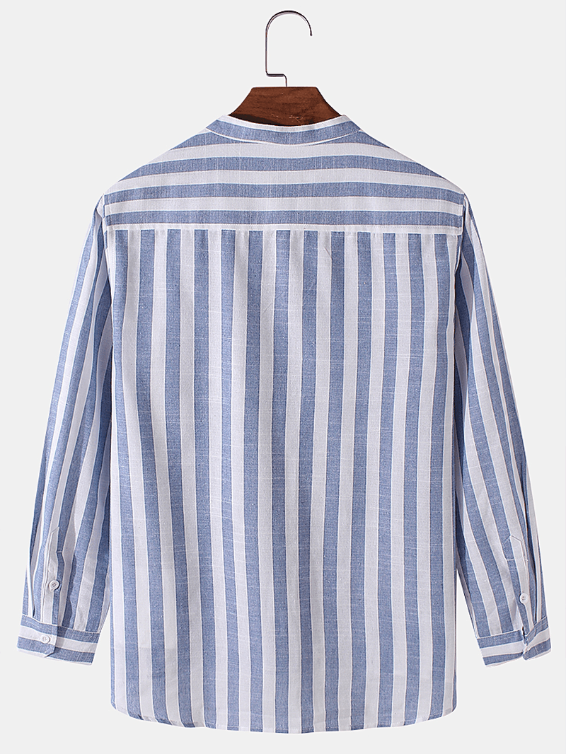 Mens Basic Striped Cotton High Low Hem Stand Collar Casual Long Sleeve Henley Shirts - MRSLM