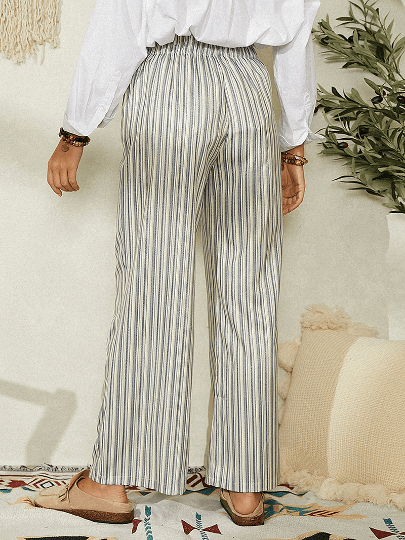 Women Classic Striped Print Elasitc Waist Button Detail Casual Pants with Pockets - MRSLM
