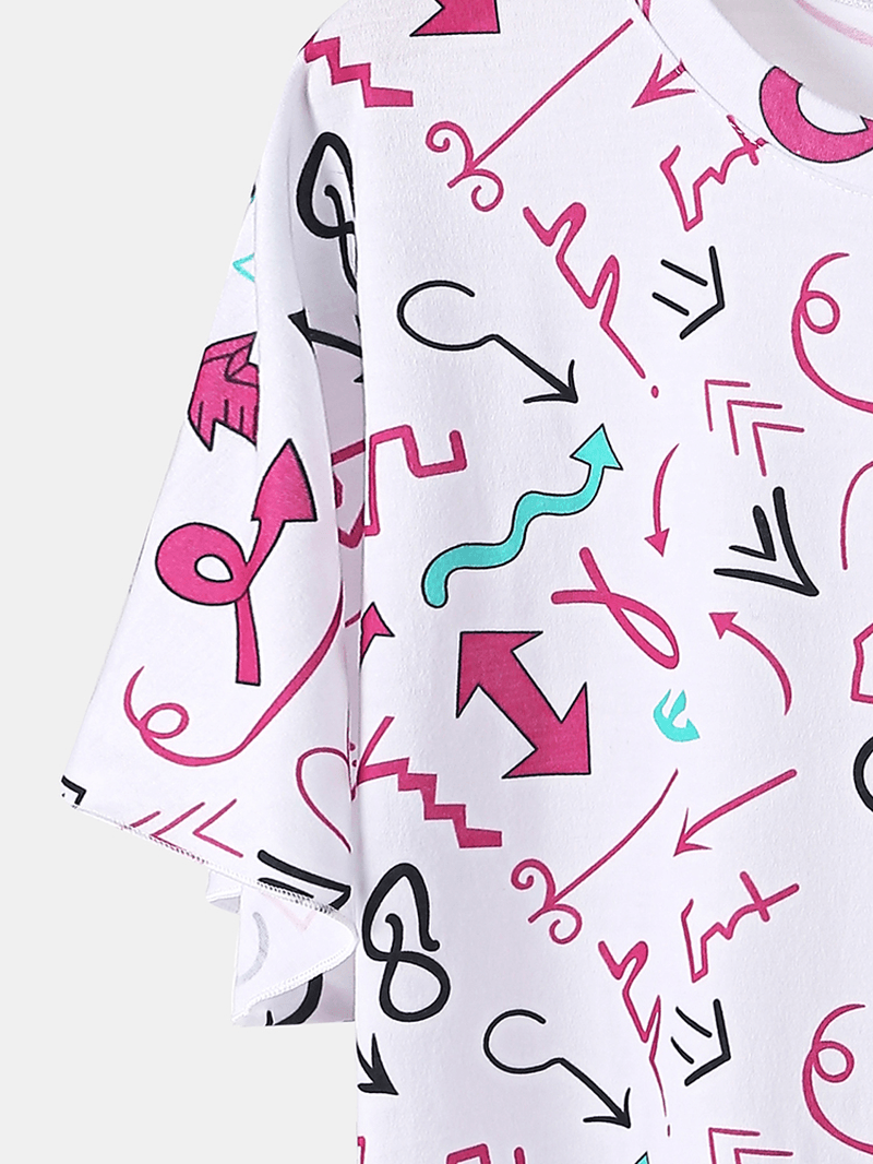 Plus Size Women Graffiti Print Short Sleeve Drawstring Casual Pajama Set - MRSLM