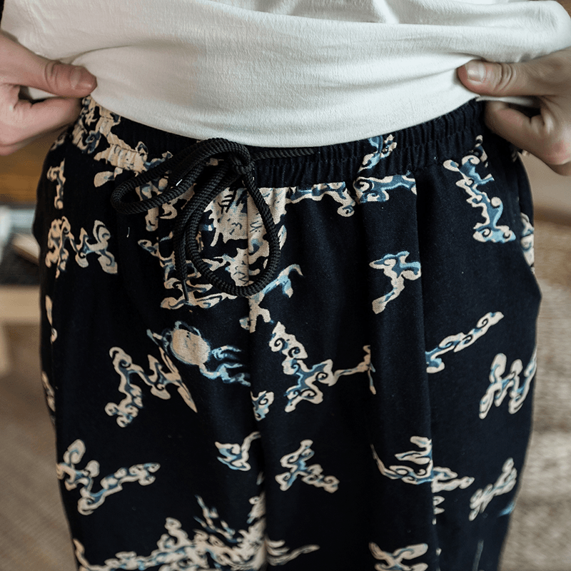 Mens Summer Chinese Style Linen Printing Calf Pants - MRSLM