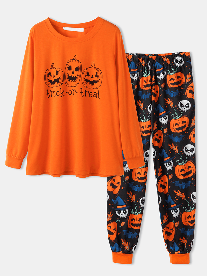 Plus Size Women Halloween Cartoon Pumpkin & Ghost Elastic Waist Jogger Pants Cozy Pajama Set - MRSLM