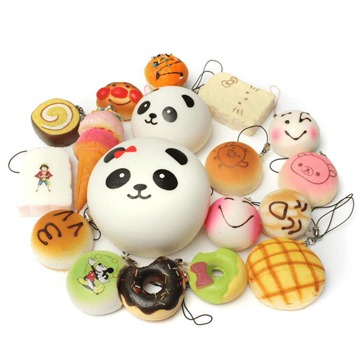 18PCS Squishy Christmas Gift Decor Panda Cup Cake Toasts Buns Donuts Random Soft Cell Phone Straps - MRSLM