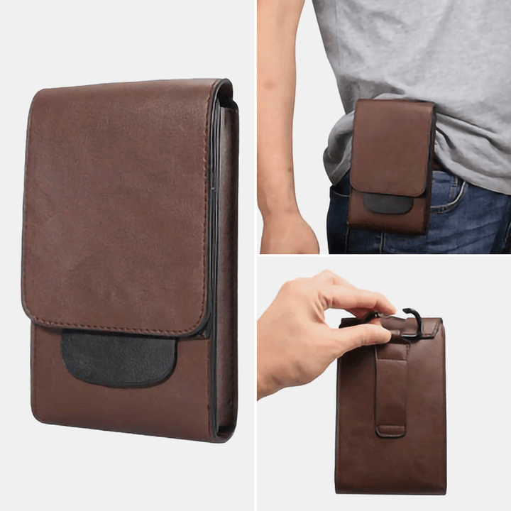 Men PU Leather Multifunction Vertical Waist Bag Vintage Light Weight Solid Phone Bag Belt Bag - MRSLM