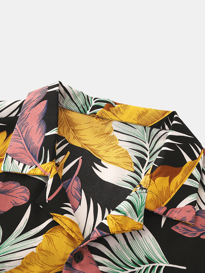 Mens Colorful Tropical Plant Leaves Print Chest Pocket Holiday Beach Short Sleeve Shirts - MRSLM