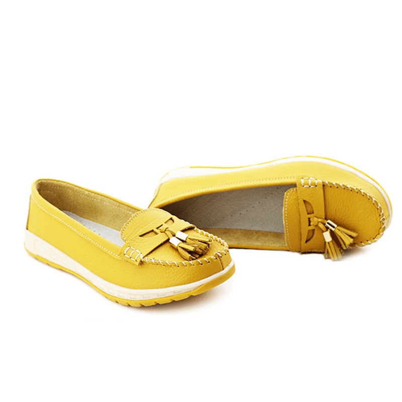 Casual Soft Leather Tassels Flat Shoes Slip on round Toe Loafer Shoes - MRSLM