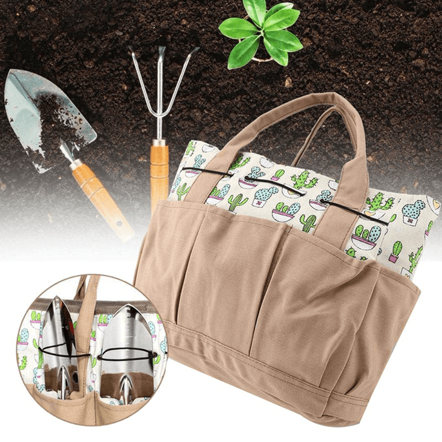 Printed Cactus Pattern 8 Pockets Gardening Kits Tools Organization Bags Canvas Fabric Storage Carry Bags for Shovel Scissor Shear Cutter - MRSLM