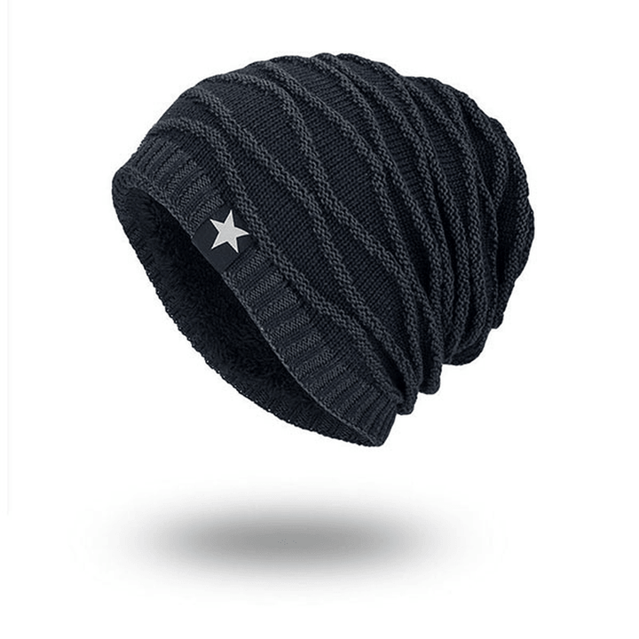 Men Women Stripe Knitted Warm Beanie Cap Velvet Lining Winter Skullies Hat - MRSLM