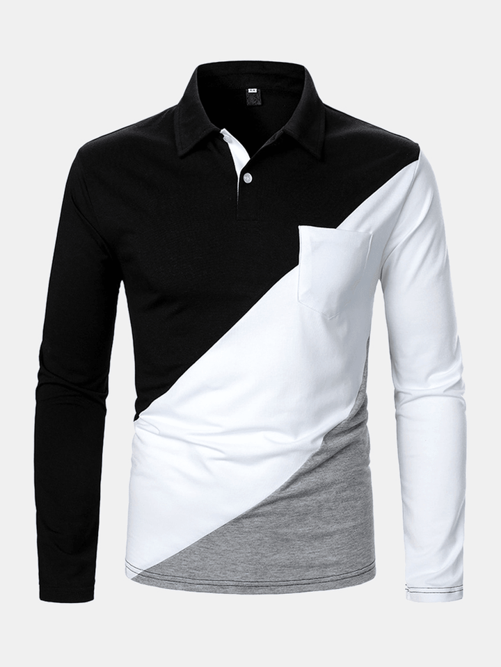 Mens Tricolor Patchwork Long Sleeve Golf Shirts with Chest Pocket - MRSLM